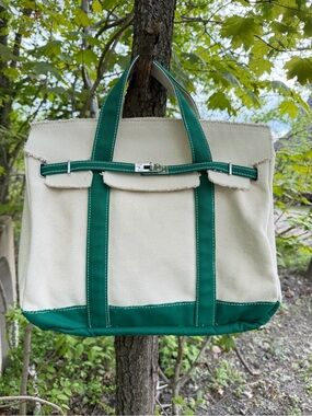 Large Boatkin viral canvas bag cream and emerald green